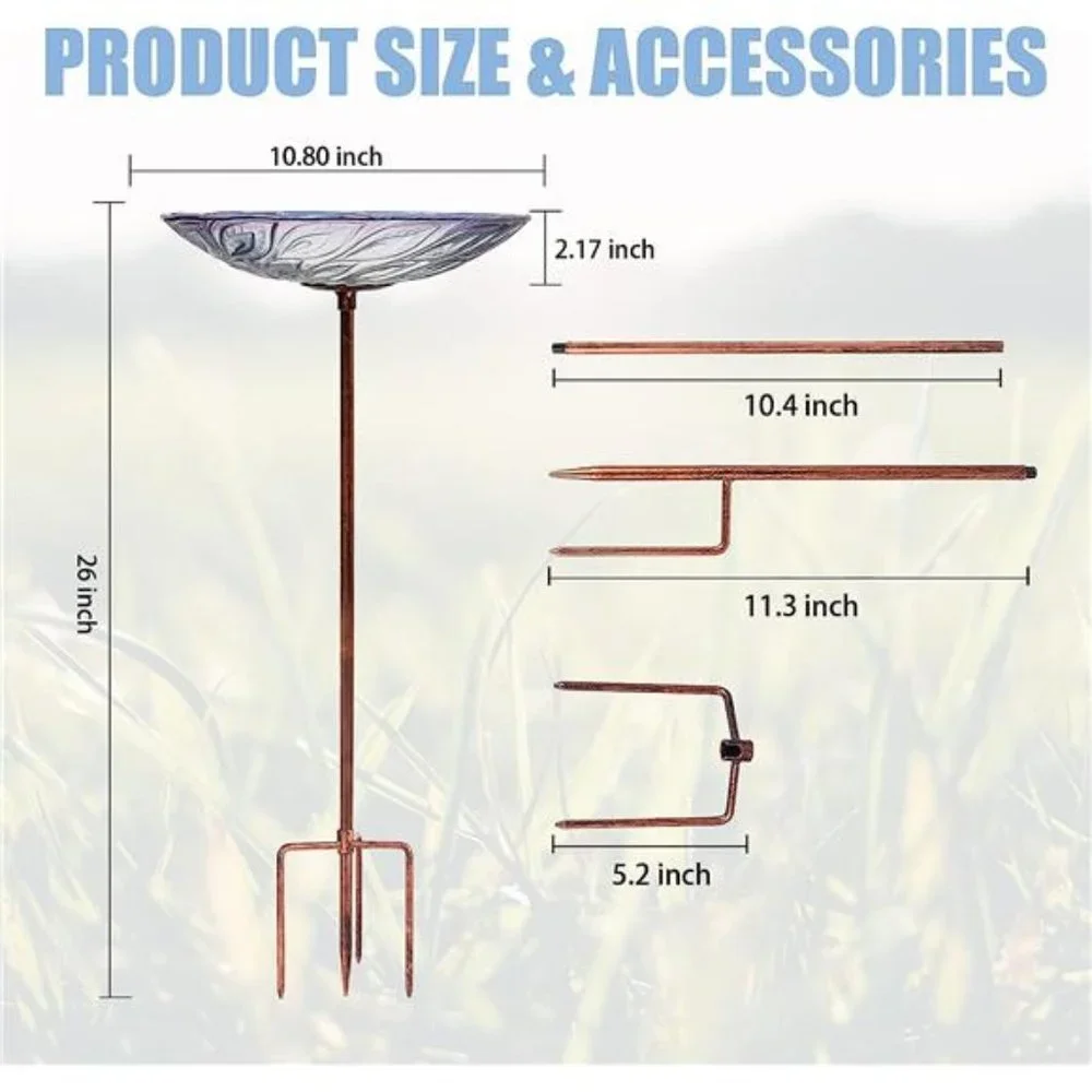 Glass Bird Bath Outdoor BirdBath Garden Bird Feeder with Metal Stake